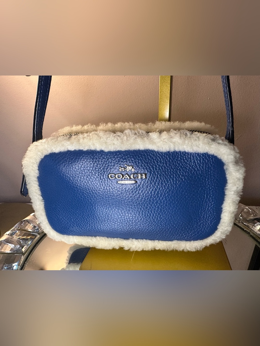 Coach Blue Pebbled Leather Crossbody with White Shearling Trim - Picture 12 of 14